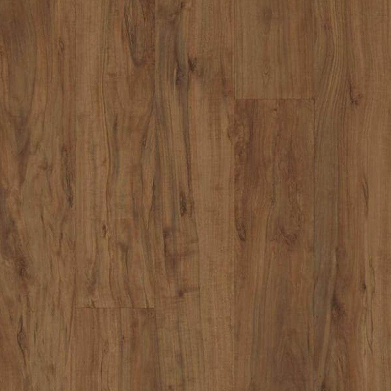 Experience the rustic charm of Go Builds Applewood Laminate Flooring with a warm brown finish, natural grain pattern, and SurfaceDefense Protection. The smooth surface features tone and texture variations, while parallel planks create a seamless look.